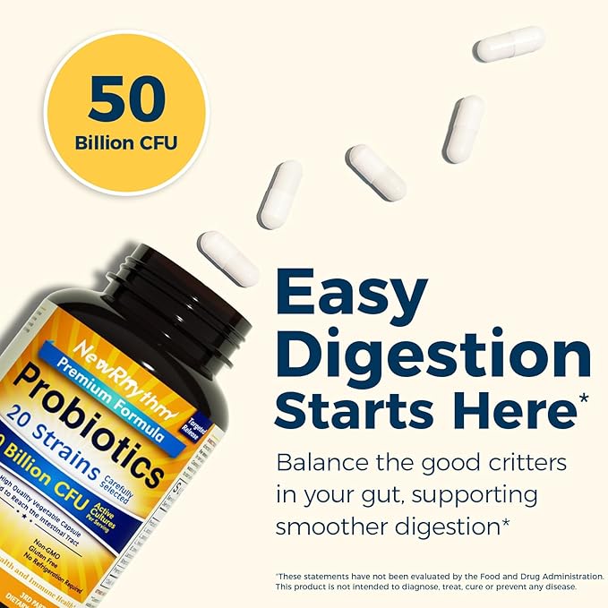 NewRhythm Probiotics 50 Billion CFU 20 Strains 120 Veggie Capsules Targeted Release Technology Stomach Acid Resistant No Need for Refrigeration Non-GMO Gluten Free