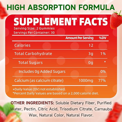 2 Pack Calcium Citrate Gummies Sugar Free Calcium Citrate 1000mg for Muscle Healthy Absorption Calcium Supplements for Adults &amp Kids Strawberry 120 Count