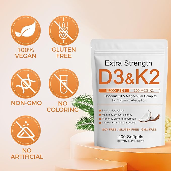 Vitamin D3 K2 Magnesium Complex Extra Strength Wellness D3K2 with Triple Magnesium &amp Coconut Oil for Maximum Absorption Support Bone &amp Immune Health Non-GMOEasy to Swallow 200 Softgels