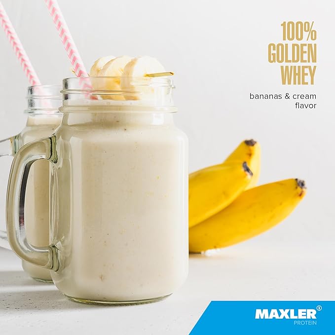 Maxler 100% Golden Whey Protein - 24g of Protein per Serving - Whey Protein Powder for Pre Post Workout - Fast-Absorbing Whey Concentrate Isolate &amp Hydrolysate Blend - Bananas &amp Cream 5 lb