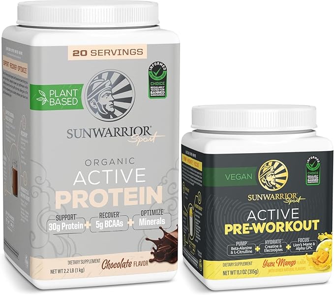 Sunwarrior Active Preworkout Hydration Blend &amp Chocolate Active Organic Protein Powder Set | Bundle &amp Save | Non-GMO Soy Dairy &amp Gluten Free (30 Servings Pre Workout 20 Servings Protein)