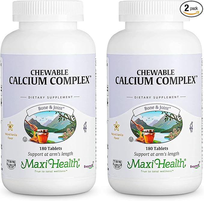 Maxi Health Chewable Calcium Complex – Vanilla Flavor Vitamin D3 and Magnesium Chewables to Help Support Bones – Kosher Magnesium and Calcium Supplement for Women and Men (180 Count Pack of 2)