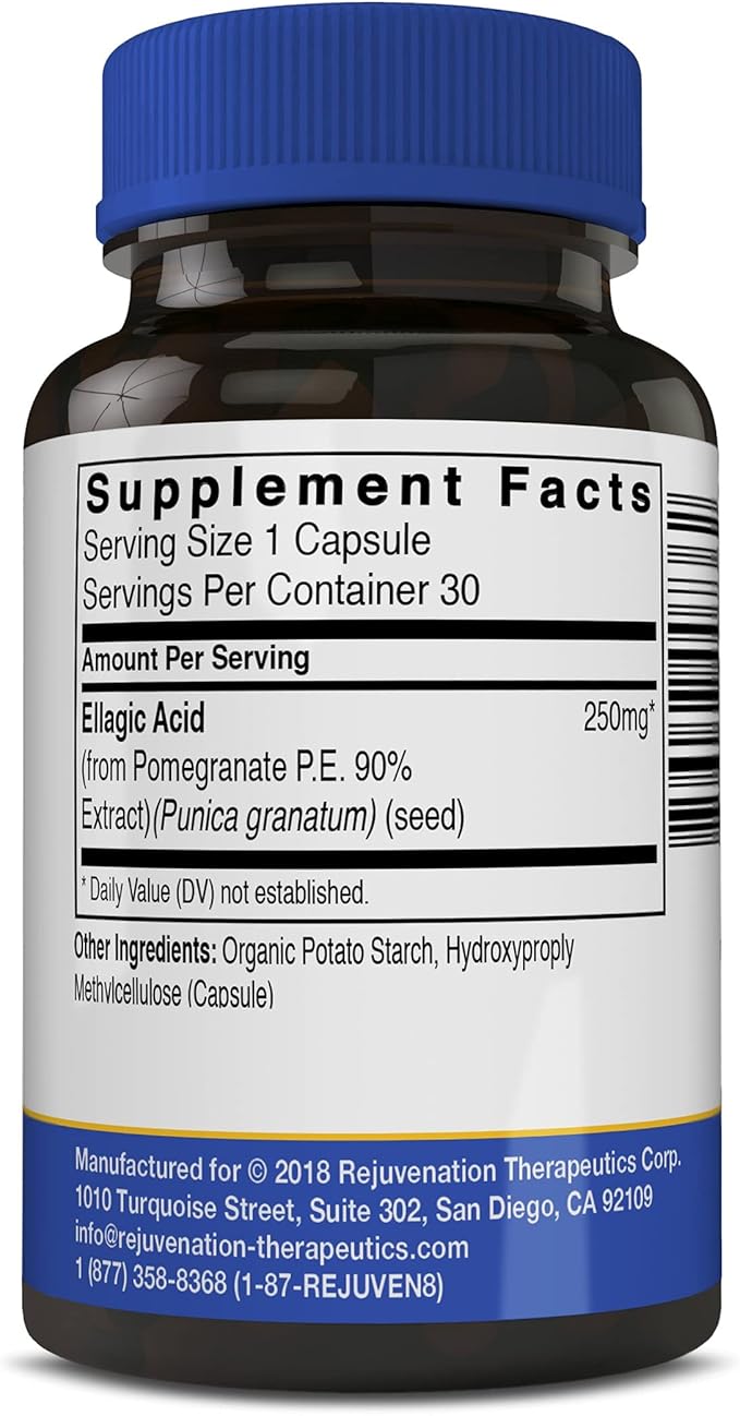 Rejuvenation Therapeutics High Potency Ellagic Acid Capsules 250mg | Improve Immunity &amp Eliminate Oxidative Stress | Premium Organic &amp Vegan | 30 Capsules 250 mg