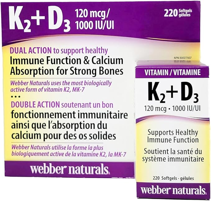 Webber Naturals K2 + D3 120 mcg/1000 IU Supports Healthy Immune Function - 220 softgels