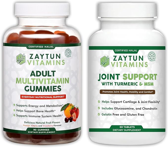 Zaytun Halal Adult Multivitamin Gummies + Joint Support Bundle for Mobility Daily Energy Overall Wellness Non-GMO Gluten Free Made in USA