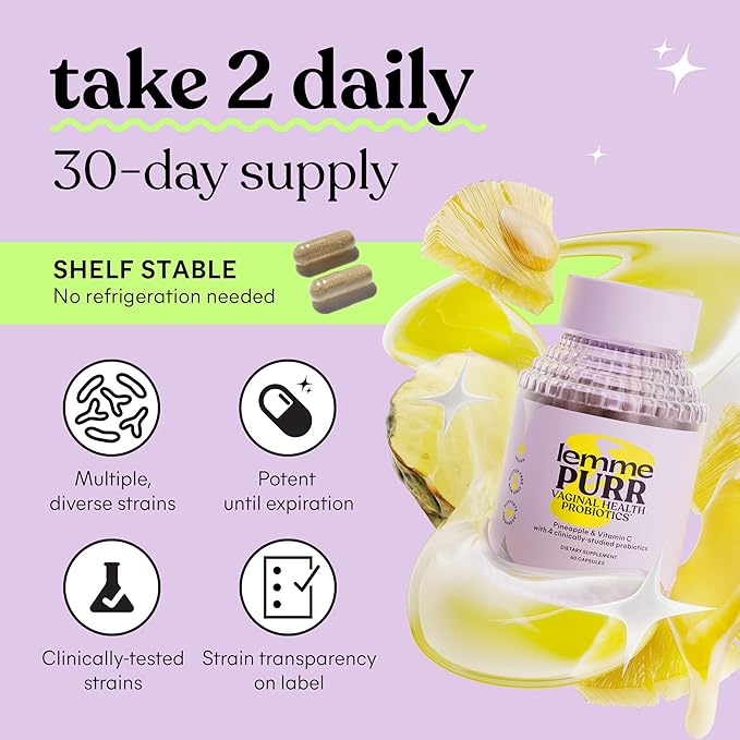 Lemme Purr Vaginal Probiotics for Women - Promotes pH Balance Healthy Vaginal Odor &amp Urinary Tract Health w/Lactobacillus Blend Clinically Tested Strains Pineapple &amp Vitamin C - 60 Veggie C