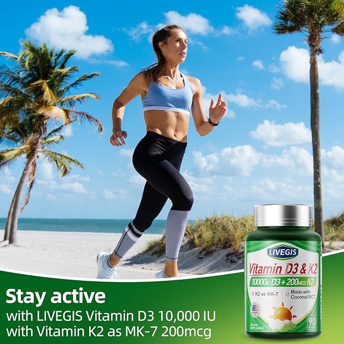Vitamin D3 K2 Softgels D3 10000 IU with K2 (MK-7) 200 mcg with Coconut Oil Softgels Easy to Swallow 2 in 1 Vitamins D &amp K Supports Calcium Absorption Immune and Heart Health - 90 Counts