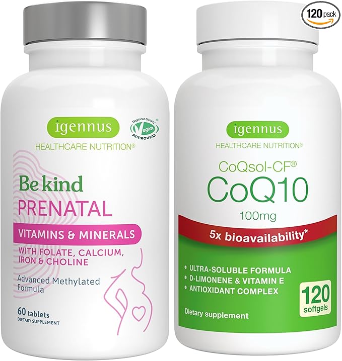 Advanced Prenatal Multivitamin + High Absorption CoQ10 100mg 120 Softgels Pregnancy Support Bundle by Igennus