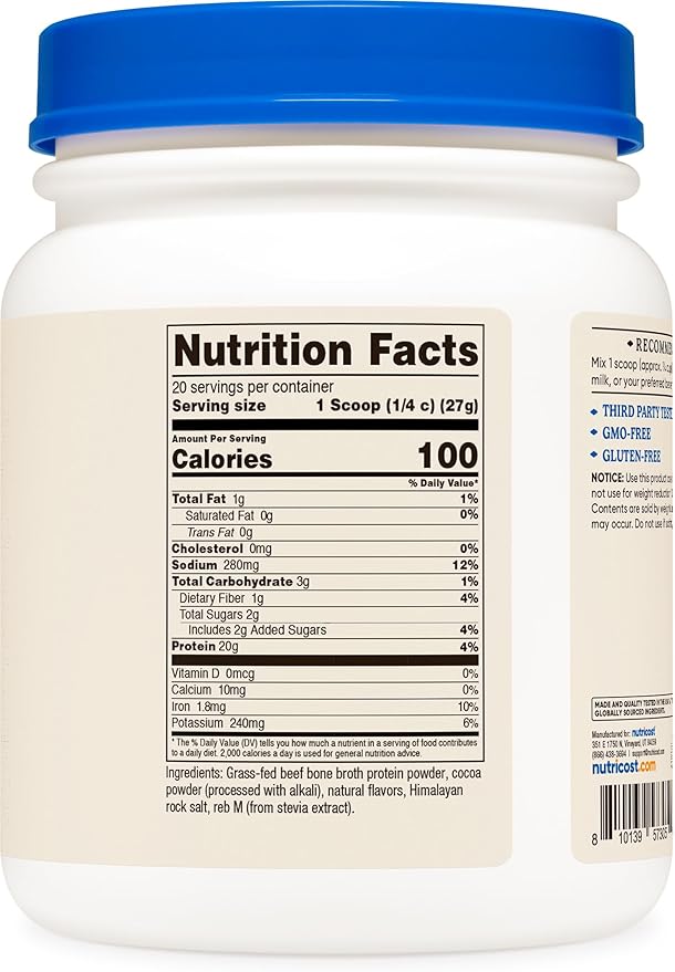 Nutricost Beef Bone Broth Protein Powder Chocolate (20 Servings) - Gluten-Free GMO-Free