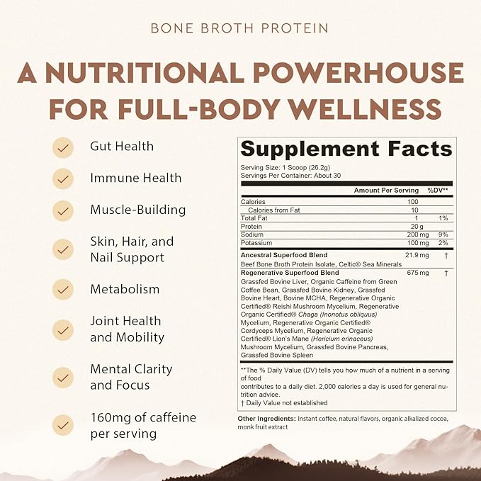 Ancestral Supplements Grass Fed Protein Powder Mocha Coffee Bone Broth Protein + Beef Organs + Organic Mushrooms w/ 160mg Naturally Occurring Caffeine 20g Protein Gut Health Support 30 Servings