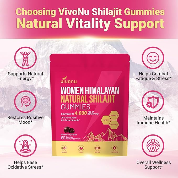 VivoNu Shilajit for Women Contains Tongkat Ali Ashwagandha* Ginger Saffron for hormonal* Balance &amp Energy | Tasty Shilajit Strawberry Flavor with Pure Himalayans Shilajitn* (1 Bag)
