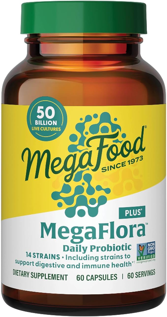 MegaFood MegaFlora Probiotic Plus - Probiotics for Women and Men Digestive Health - 50 Billion CFUs &amp 14 Strains - Immune Support Supplement - Vegetarian - 60 Capsules
