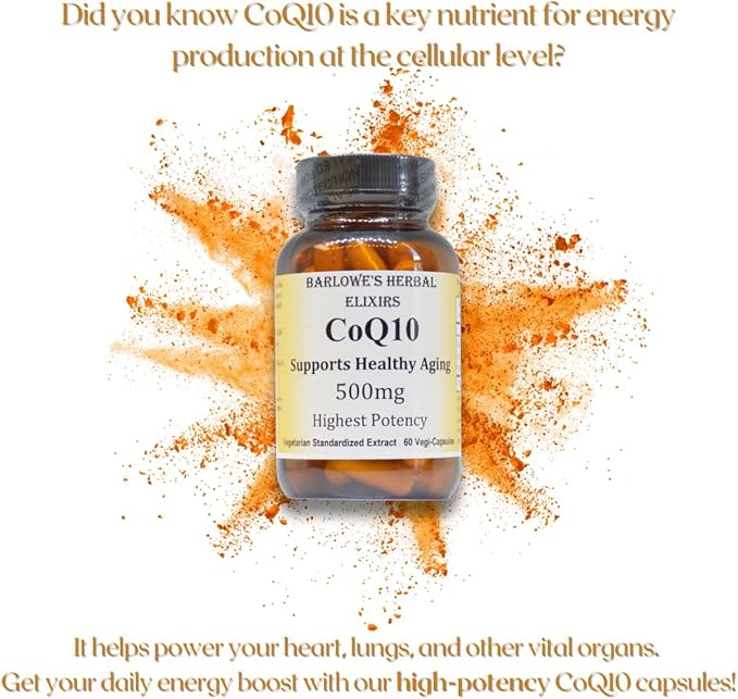Barlowe's Herbal Elixirs CoQ10 | Ubiquinone | Hi-Potency | 500 mg Per Capsule | Stearate-Free | Encased in Recyclable Glass Bottle | Heart Health Support | 60 Veggie Capsules
