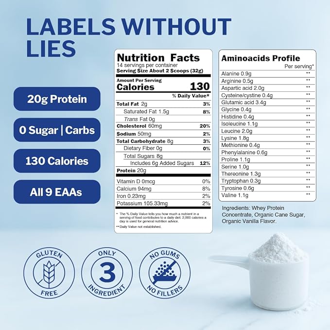 Opportuniteas Grass Fed Whey Protein Powder Concentrate - Vanilla - Pure Protein Supplement - Non GMO Hormone Free &amp Gluten Free - 1lb