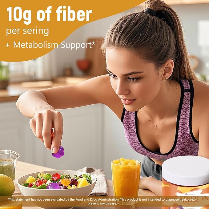 10G Fiber Gummies with Probiotics Fiber Supplement with 30 Billion CFU Probiotics Blend ACV Vitamin C Inulin - Support Digestive Health - No Sugar Added - Fruit Flavored - 90 Count