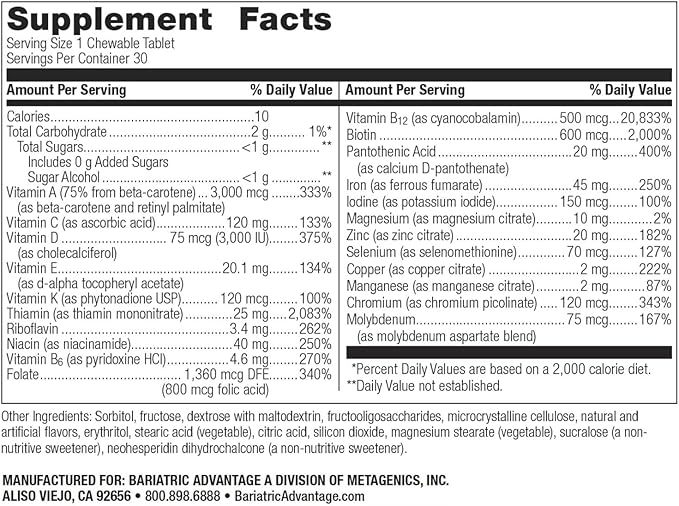 Bariatric Advantage Chewable Ultra Solo with Iron - Once-Per-Day Daily Multivitamin - for Bariatric Patients - with Thiamin Vitamin A &amp More - Gluten Free - Citrus - 30 Tablets