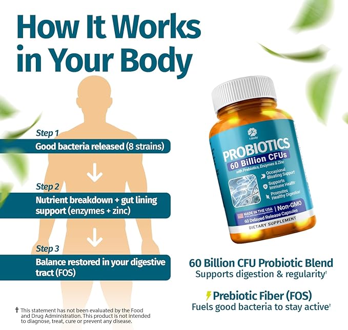1 Body 60 Billion Probiotics for Men &amp Women Gut Health for Men &amp Women with Prebiotics Digestive Enzymes Zinc &amp L-Glutamin Non-GMO 60 Vegan Digestive Probiotic Capsules