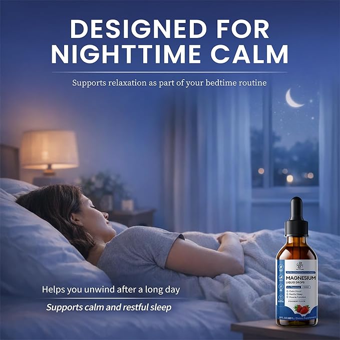 Sleep Support Liquid Magnesium Glycinate Drops for Nighttime Calm Triple Chelated Magnesium Complex with L-Theanine &amp GABA Pre-Dissolved Liquid for Enhanced Absorption Strawberry Flavor 2 Fl O