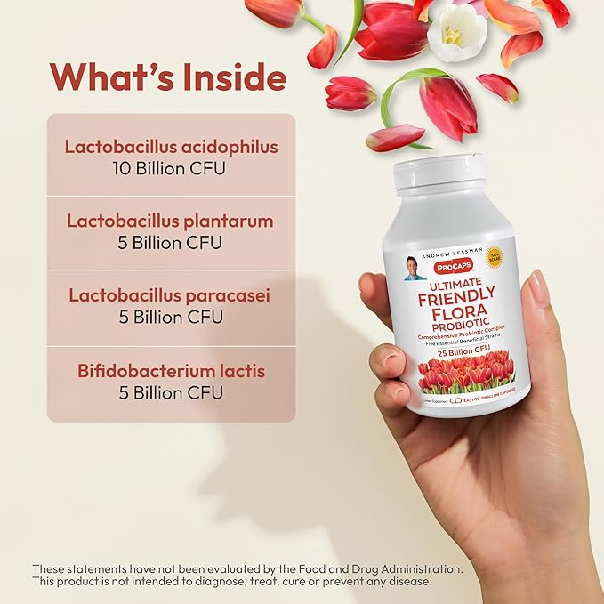 ANDREW LESSMAN Ultimate Friendly Flora Probiotic 30 Capsules - 25 Billion CFU Comprehensive Blend of Five Probiotic Strains Powerful Immune and Digestive Support. Probiotics for Women or Men