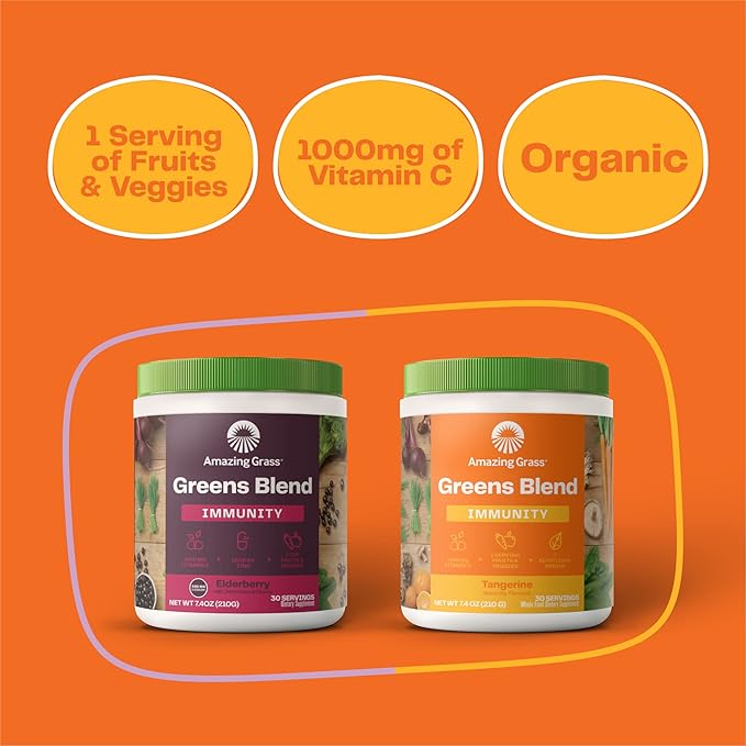 Amazing Grass Green Superfood Immunity: Super Greens Powder with Vitamin C Cordyceps Beet Root Powder &amp Reishi Mushrooms Tangerine 30 Servings