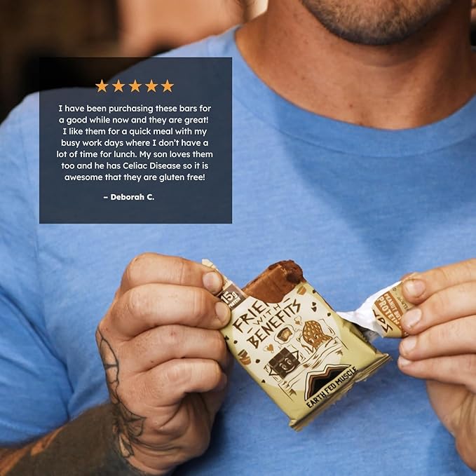 Earth Fed Muscle Friends with Benefits Chocolate Peanut Butter Grass Fed Whey Protein Bars | 15g Protein Snack | Gluten Free Non-GMO All-Natural Peanut Butter Energy | 2.12 oz Bars (10 Count)