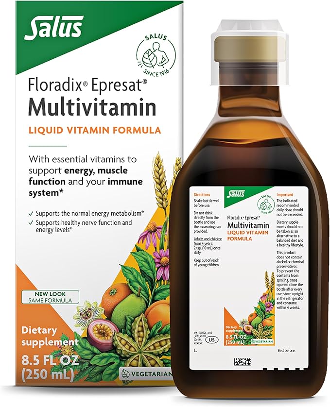 Floradix Epresat Adult Liquid Multivitamin - Herbal Supplement - Daily Supplement with Vitamin A D B6 Milk Thistle &amp More - Supports Energy &amp Liver Health - Vegetarian Non-GMO - 8.5 fl oz