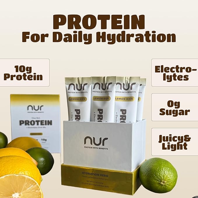 NUR Clear Whey Protein + Electrolytes Drink Mix Fermented BLG Single-Serve Sticks Lemon Kick 12-Pack – Lactose-Free Keto-Friendly Zero Sugar No Artificial Sweeteners Daily Hydration