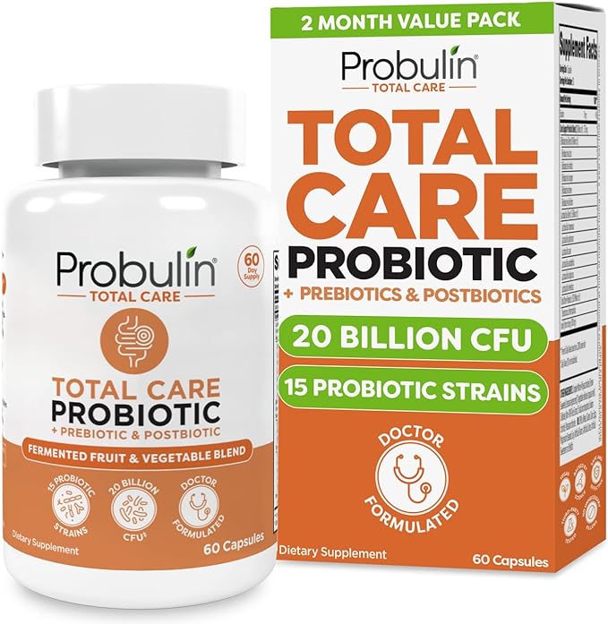 Probulin Total Care Probiotic Supplement Daily Gut Digestive and Immune Health Probiotics Capsules for Men and Women 20 Billion CFU Vegan 60 Count Bottle