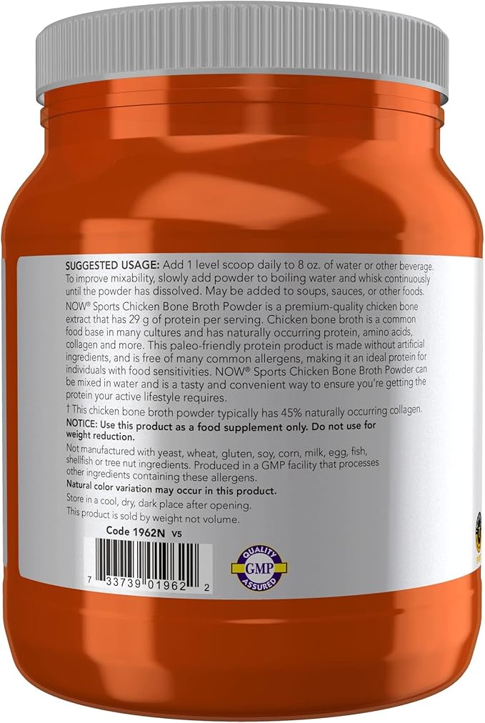 NOW Foods Sports Nutrition Chicken Bone Broth Powder made with Premium-Quality Chicken Bone Extract 1.2-Pound