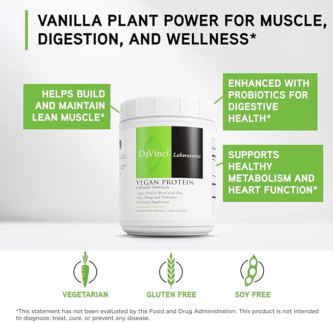 DaVinci Labs Vegan Protein - Protein Powder Supplement Supports Muscle &amp Tissue Repair* - Vegan Protein Supplement with Pea Protein &amp Flax Seed - Creamy Vanilla 15 Servings (405 g)
