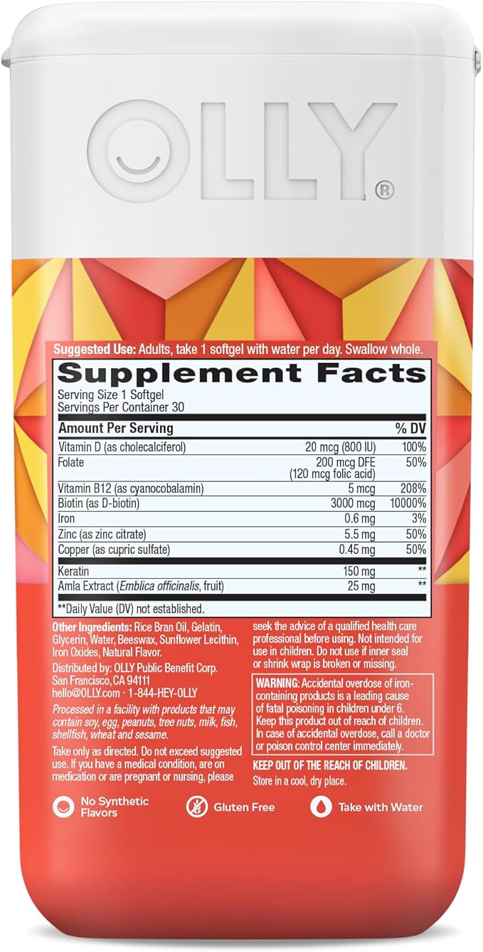 OLLY Ultra Strength Hair SoftgelsSupports Hair HealthBiotinKeratinVitamin DB12Hair-Supplement30 Day Supply - (Packaging May Vary)30 Count (Pack of 2)