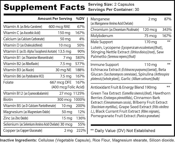 Men’s Daily Multivitamin – Gluten-Free Lactose-Free All-Natural Supplement with Vitamins – No Artificial Preservatives