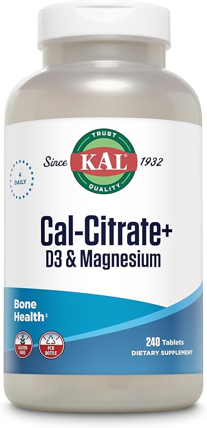 KAL Cal-Citrate+ Calcium Citrate Plus Vitamin D-3 and 500 mg of Magnesium Healthy Bones and Teeth Support Gluten Free and Lab Verified for Quality 60 Servings 240 Tablets