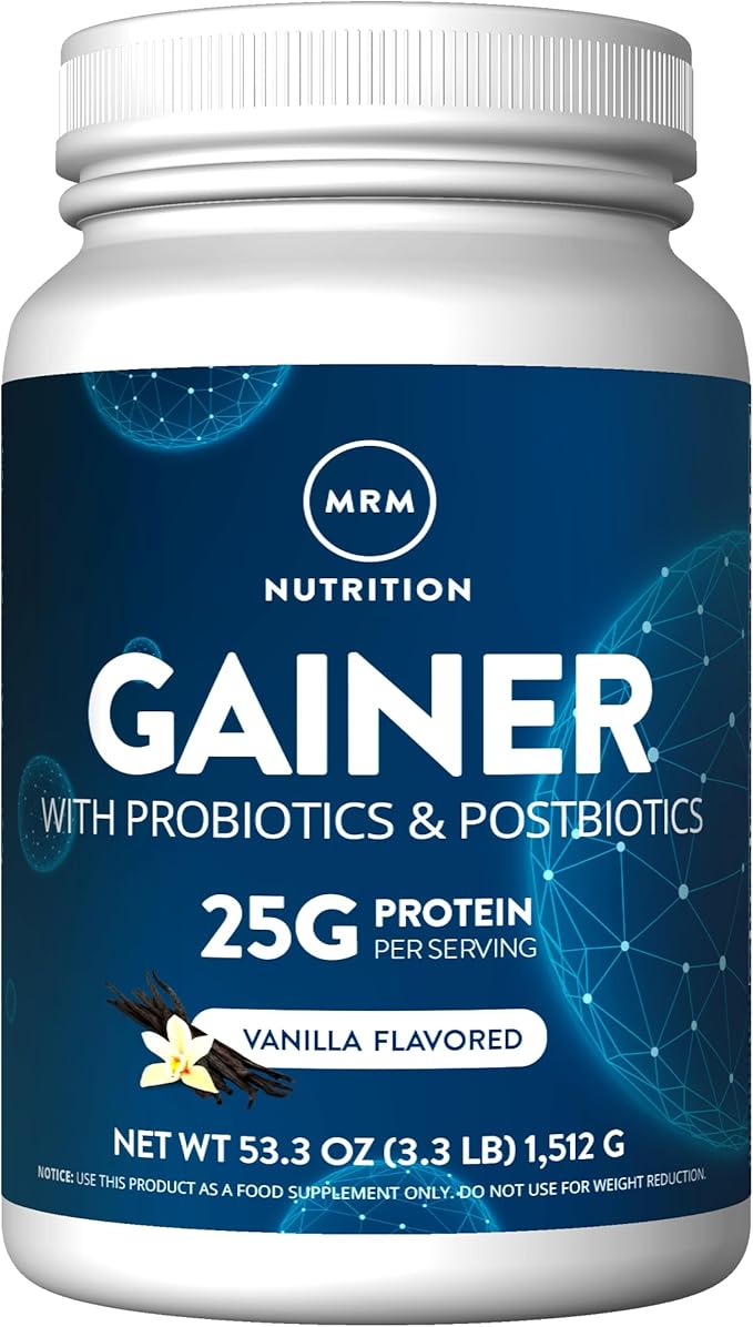 MRM Nutrition Gainer Protein with Probiotics &amp Postbiotics - Vanilla Flavored for Men &amp Women 25g of Whey Protein Concentrate &amp Isolate Micellar Casein &amp Digestive Enzymes - 18 Serv