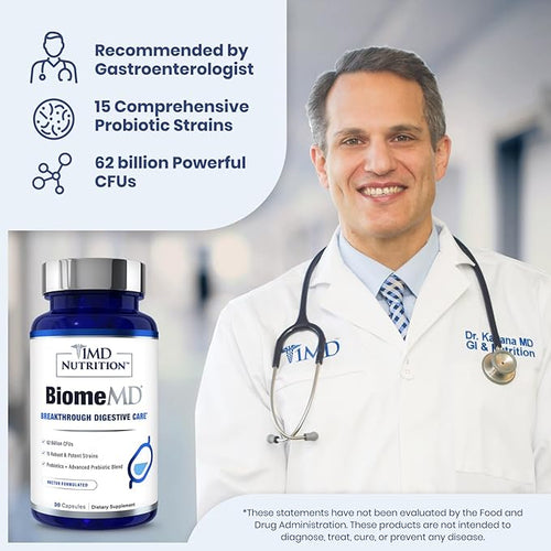 1MD Nutrition BiomeMD Probiotics | 62 Billion CFUs 15 Comprehensive Strains - Pro &amp Prebiotics | Doctor-Formulated for Digestive Health &amp Immune Support | 30 Capsules