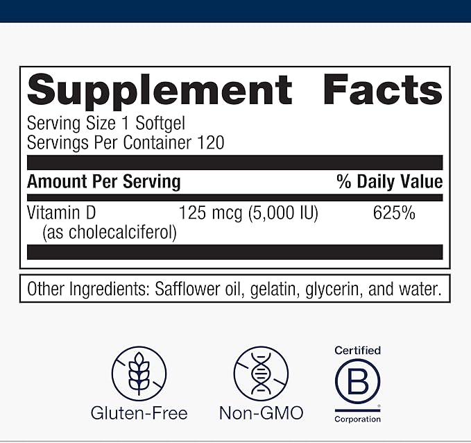 Metagenics Vitamin D3 5000 IU Supplement - High Potency Softgels for Immune Bone &amp Heart Health* - 125 mcg Cholecalciferol in Coconut Oil for Enhanced Absorption* - Non-GMO Gluten-Free - 120 Cou