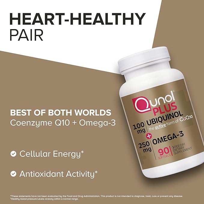 Qunol Plus Ubiquinol CoQ10 100mg with Omega 3 Fish Oil 250mgExtra Strength Antioxidant Supplement90 Count (Pack of 2)