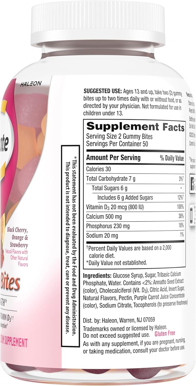 Caltrate Gummy Bites 500 mg Calcium and Vitamin D Supplement Black Cherry Strawberry Orange - 100 Count