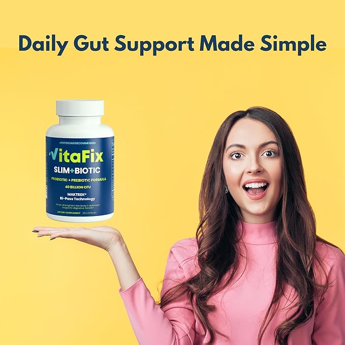 Probiotic &amp Prebiotic SlimBiotic Synbiotic – 40 Billion CFU with MAKTREK® Bi-Pass Tech Helps Gut Health &amp Digestion Regularity Bloat Immune &amp Weight Loss For Women and Men (60 Ct) Glu