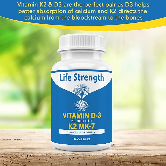 Vitamin K2 (MK7) + D3 25000IU Supplement - Extra Strength Non GMO Easy to Swallow No Fillers - Supports Immune &amp Bone Health