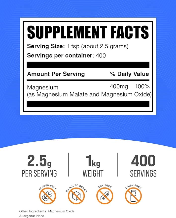 BulkSupplements.com Magnesium Malate Powder - Magnesium Supplements High Bioavailabilty - Unflavored &amp Gluten Free 2.5g per Serving 1kg (2.2 lbs) (Pack of 1)