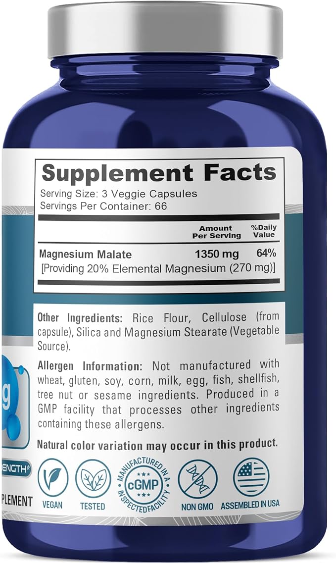 NusaPure Magnesium Malate 1350mg 200 Veggie Capsules (Vegan Non-GMO Vegan)