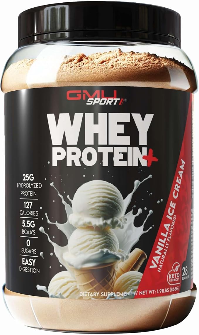 GMU SPORT Whey Protein Powder+ Concentrate 2lb | 25g Protein for Muscle Growth &amp Recovery | Delicious Flavor Easy to Mix | Non-GMO Gluten-Free |28 Servings Vanilla Protein Supplement