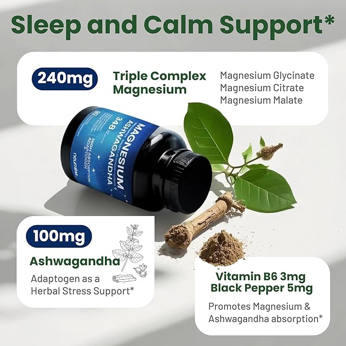 Magnesium Ashwagandha Complex | High-Absorption Multi Magnesium for Stress Sleep Muscle &amp Heart Health | Vegan Non-GMO Gluten-Free Made in USA 90 Capsules