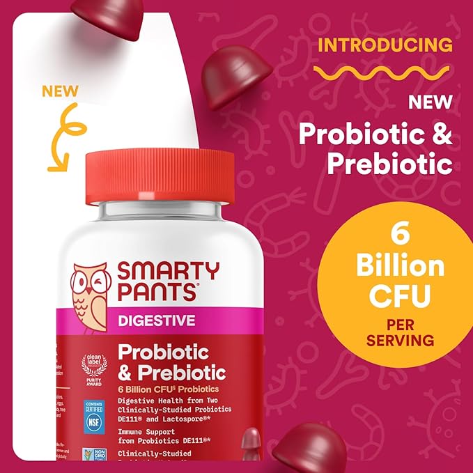 SmartyPants Adult Probiotic &amp Prebiotic Gummies for Digestive Health: 6 Billion CFU Gut Health Supplement Clinically Studied Prebiotic for Immune Support Grape 60 Count (30 Day Supply)