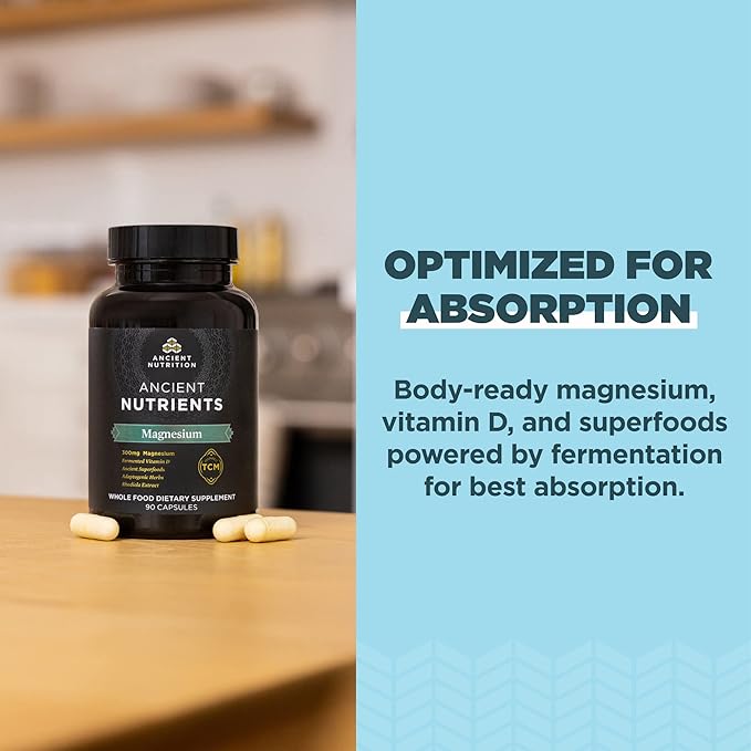 Magnesium Supplement by Ancient Nutrition Magnesium 300mg with Vitamin D for Immune Support Adaptogenic Herbs Enzyme Activated Paleo &amp Keto Friendly 90 Capsules