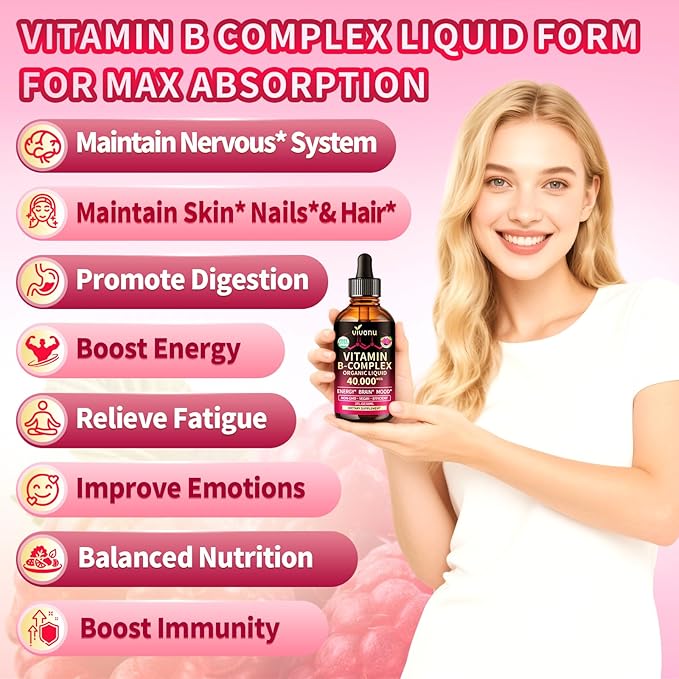 VivoNu Vitamin B Complex Liquid Drops Vitamins B12 B6 B1 B2 B3 B5Methyl Folate with Vitamin C A E D Support Energy Raspberry Flavor Natural Ingredient Non GMO