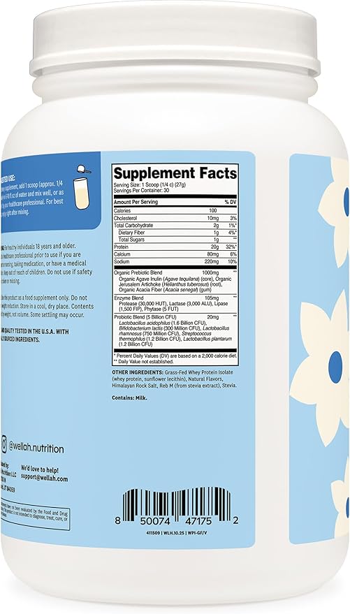 Wellah Grass-Fed Whey Protein Isolate Powder (Vanilla) 30 Servings - with Prebiotics Enzymes &amp Probiotics 20g of Protein 100 Calories Naturally Sweetened