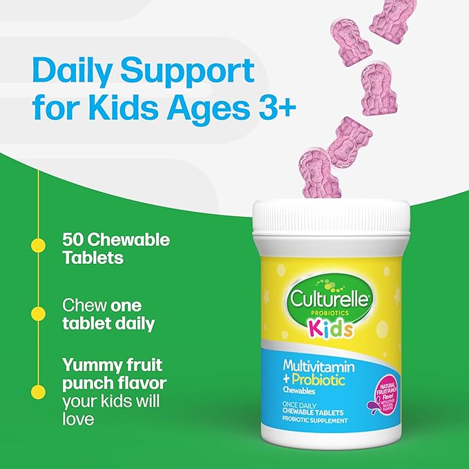 Culturelle Kids Complete Chewable Multivitamin + Probiotic For Kids Ages 3+ 50 Count Digestive Health Oral Health &amp Immune Support - With 11 Vitamins &amp Minerals including Vitamin C D3 &a