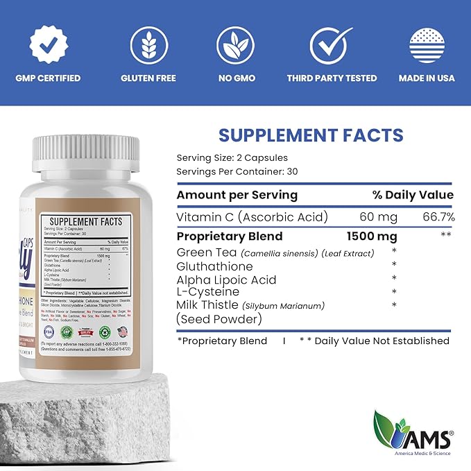 America Medic &amp Science Pearly Caps (60 Capsules) | 1500 mg Glutathione Supplement for Men and Women | Anti-Aging and Skin Lightening Pills | with Vitamin C L-Cysteine and Alpha Lipoic Acid